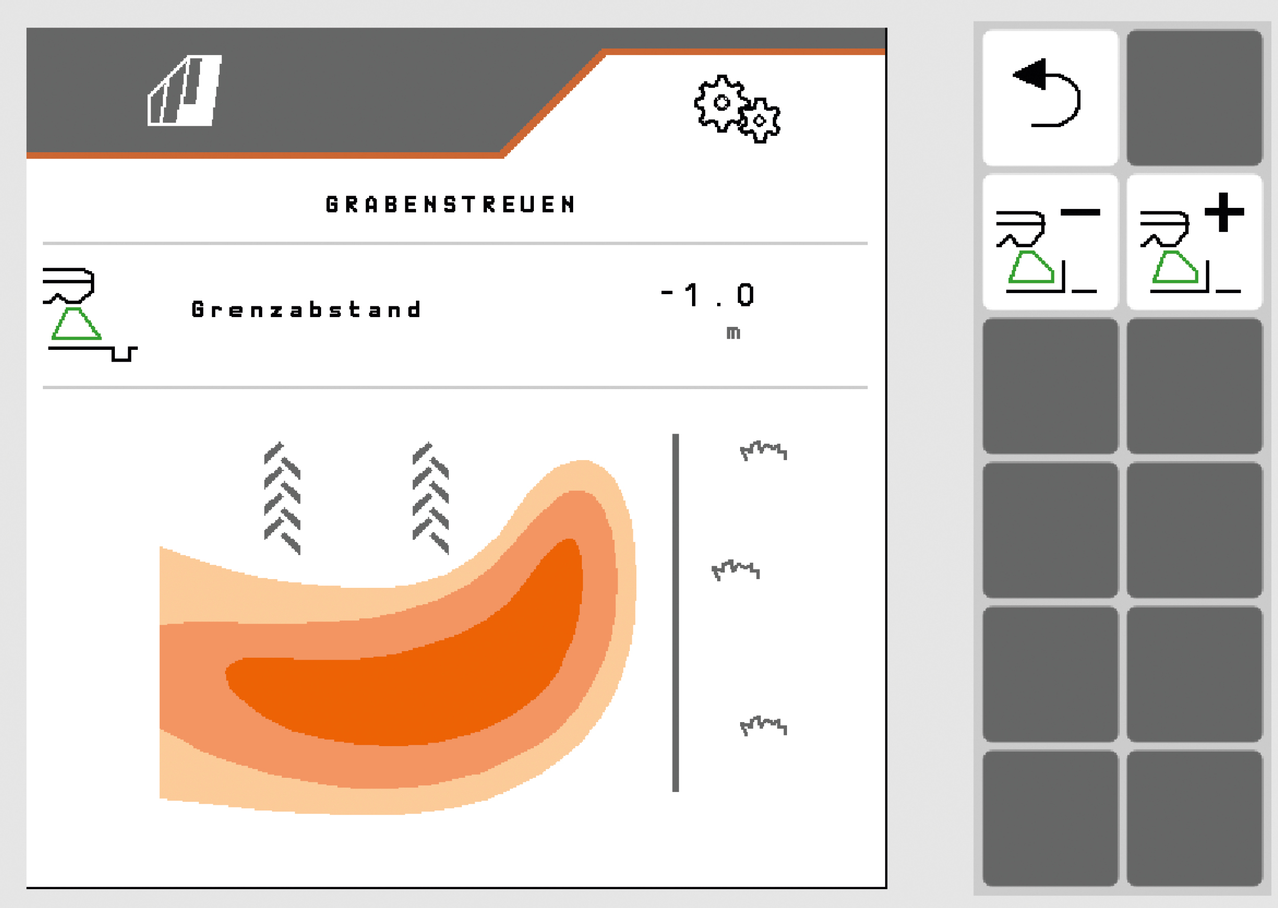 Intuitive und variable Einstellung des Grenzstreuens. Einfach gewünschtes Ergebnis eingeben und losfahren. (© AMAZONE: Screenshot_Amatron4_ZA-TS_Ultra_Einstellungen_Grabenstreuen_d1_250822_GO.jpg) Intuitive und variable