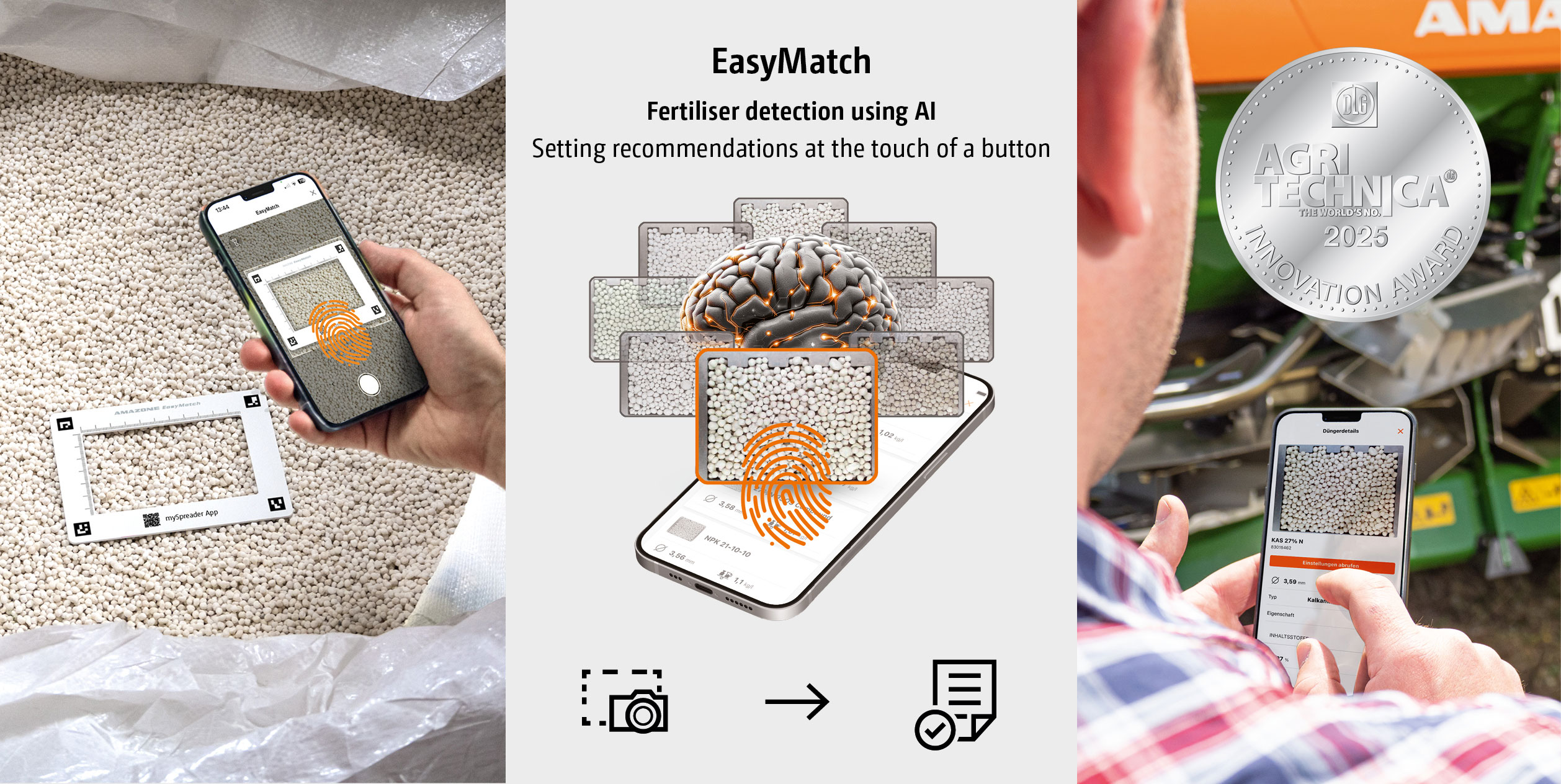 (© AMAZONE: Schema_EasyMatch_GO_en.jpg) With EasyMatch, a digital fingerprint is determined by artificial intelligence (AI) based on multiple factors