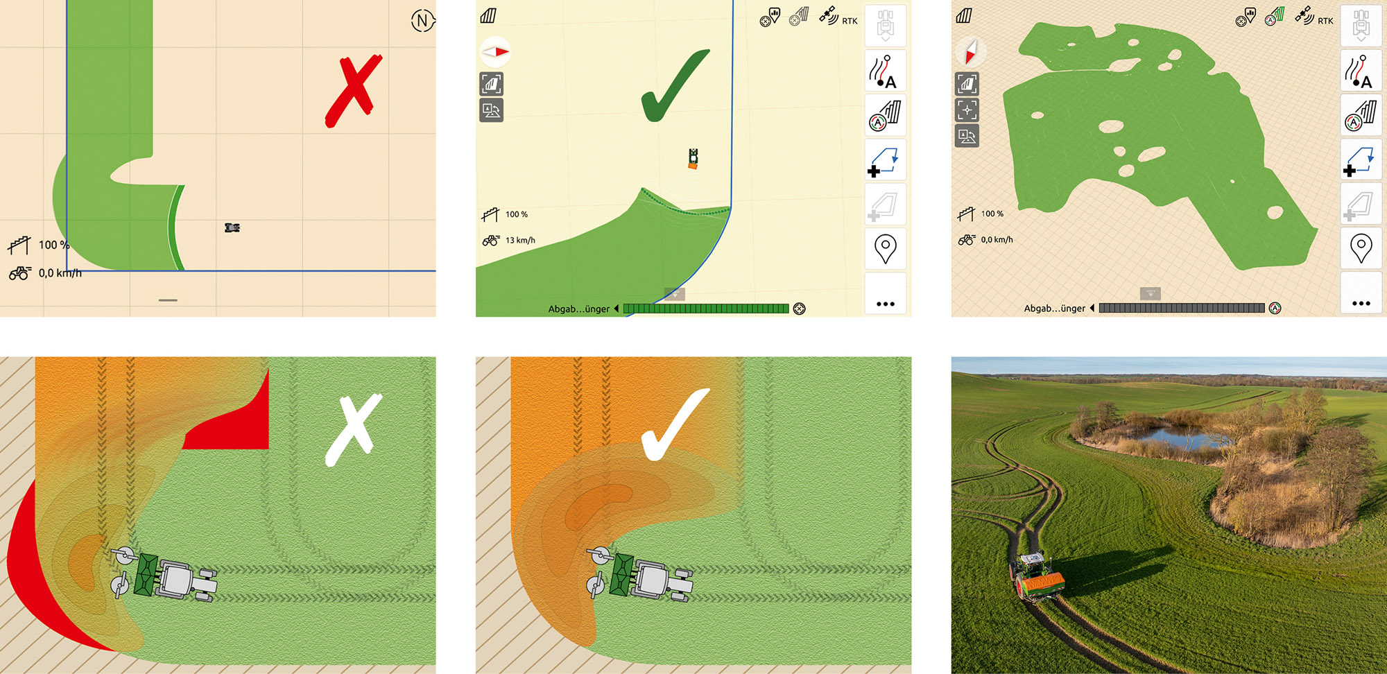 Optimum fertiliser distribution around bends: In addition to optimising fertiliser distribution, uniform map coverage is also ensured in conjunction with AmaTron 4. (© AMAZONE: Uebersicht_optimale_Duengeverteilung_GO.jpg) Optimale Düngerverteilung in Kurven: