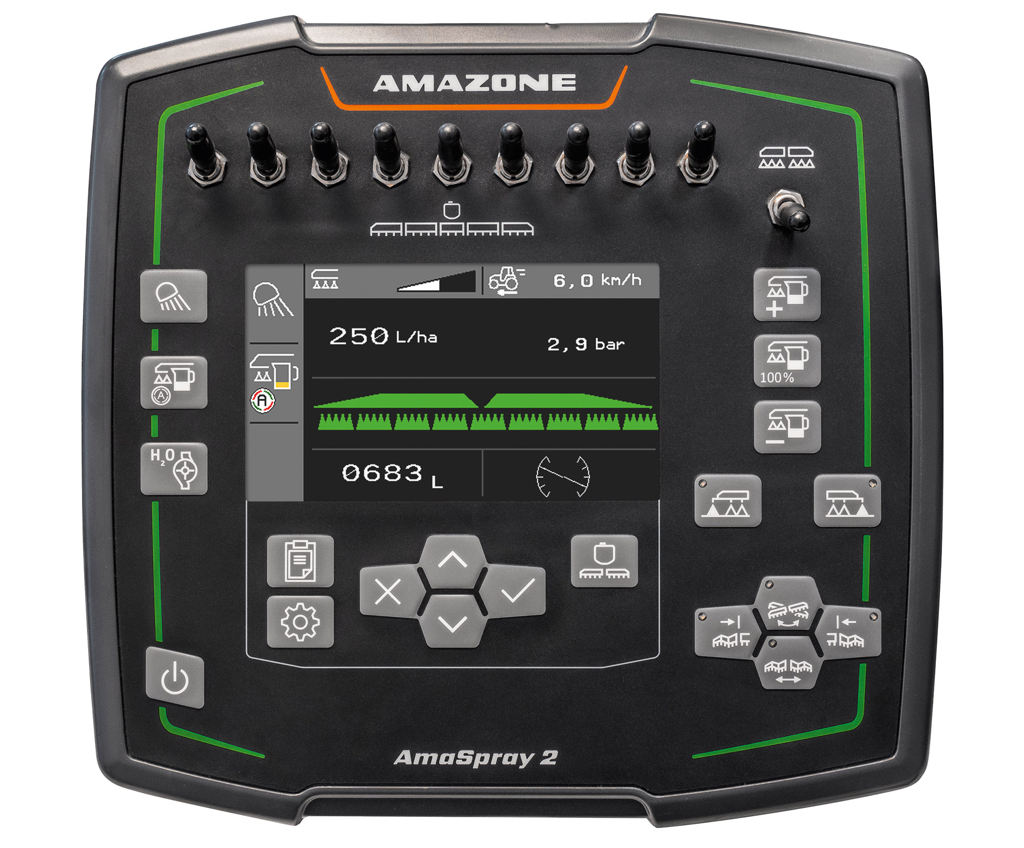 AmaSpray 2 with 9 toggle switches for up to 9 part-width sections (© AMAZONE: AmaSpray2_d0_kw_P6104931_d1_250814_GO.jpg) AmaSpray 2 - Teaser