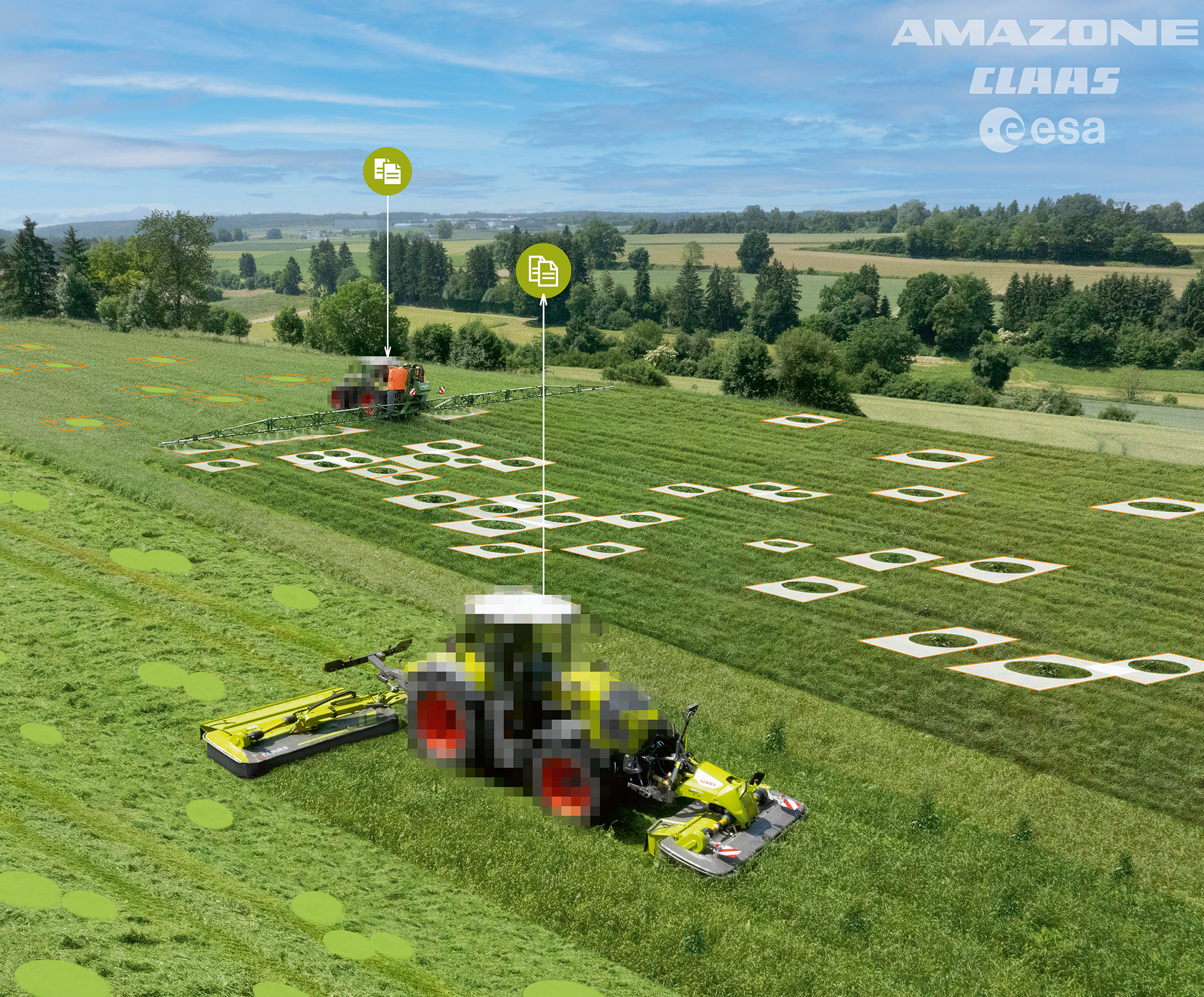 System overview; detection of rumex plants during mowing and creation of infestation maps (CLAAS); optimisation of the map and later treatment of rumex plants with the sprayer (AMAZONE). (© AMAZONE: Leitbild verpixelt d1_280818_GO.jpg) Teaser Spotapplikation mit dem Claas WeedDetector